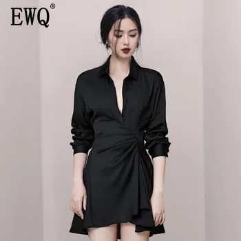 

[EWQ] 2020 Spring Autumn New Pattern V-collar Long Sleeve Black Patchwork Asymmetrical High Waist Casual Dress Women AG28001L