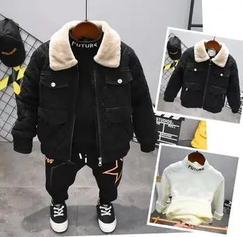 

winter Kids Warm Kids Set Children's Fashion Suit Baby Kids Clothing Sets Boy PU leather coat,plush Sweaters,plush pants 2-6year