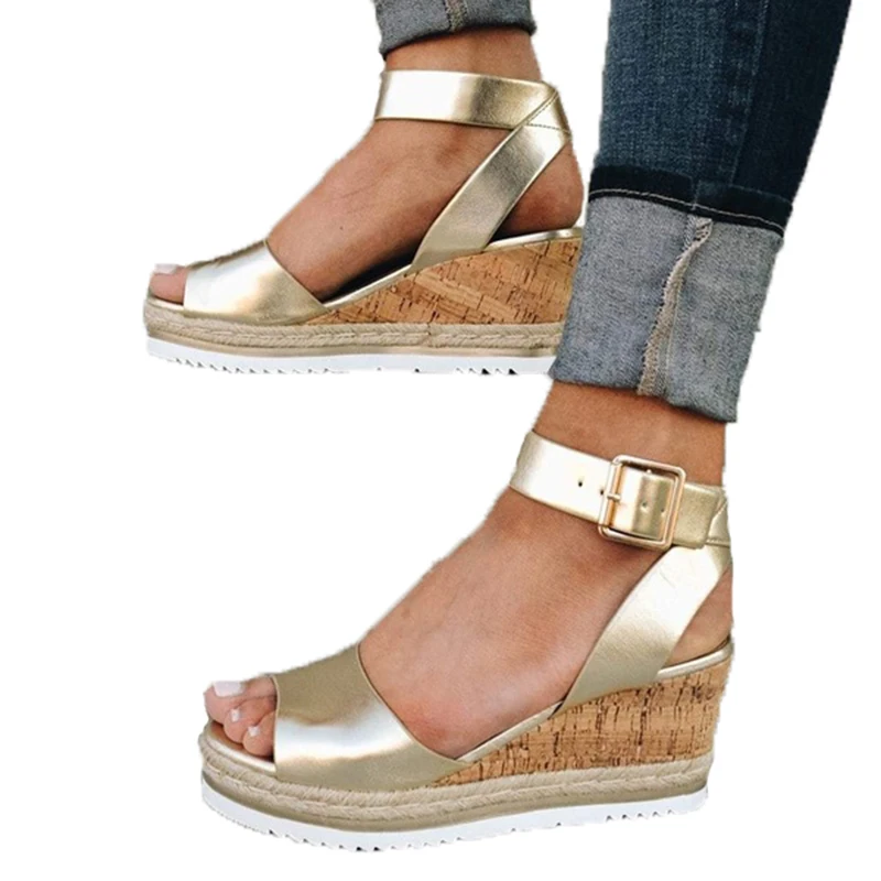 Wedge Sandals Fish Mouth Open Toe Women Buckle Strap Rubber Sandals Golden Ankle Strap PU Shoes Lady Solid High Heel Shoes D25