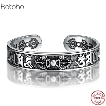 

Real Pure 100% S925 Sterling Silver Mantra Bangles For Men And Women Sanskrit Om Mani Padme Hum Vintage Buddhism Jewelry gift