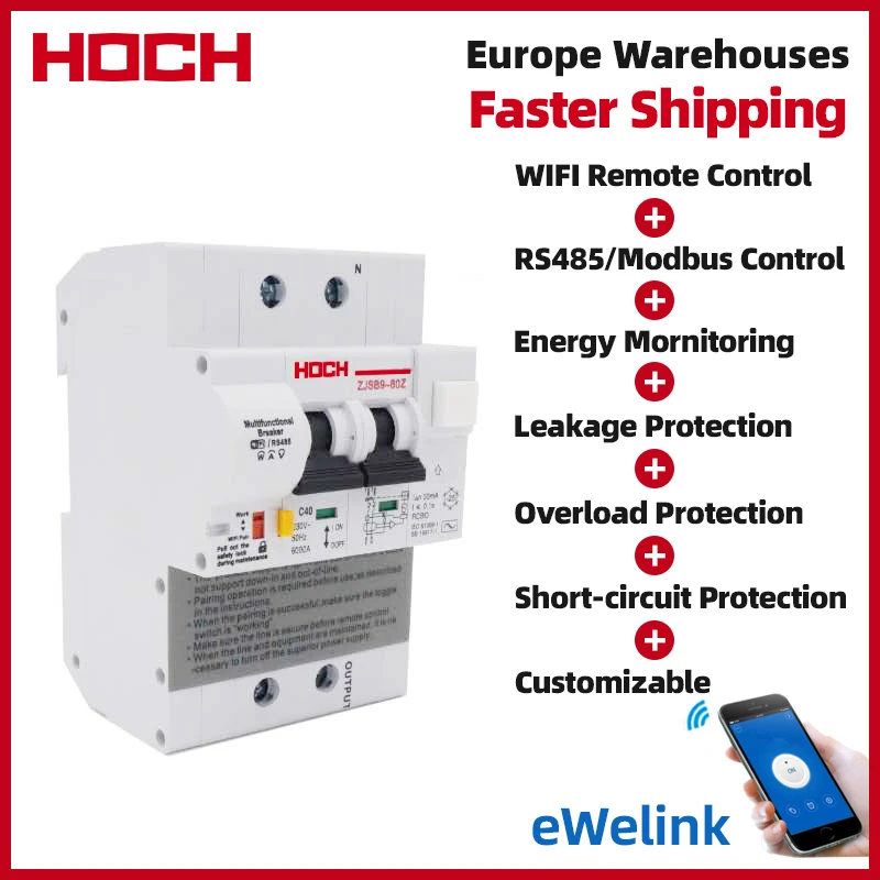 HOCH disyuntor WIFI con Control remoto, Control de fuga de energía, temporizador de fábrica, 2P, Ewelink, inalámbrico, RCBO, interruptor de Riel Din inteligente