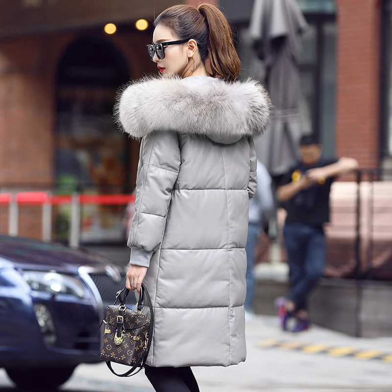 

Real Winter Genuine Leather Jacket Women Long Sheepskin Coat Women's Down Jackets Raccoon Fur Collar Warm MF7212 's s