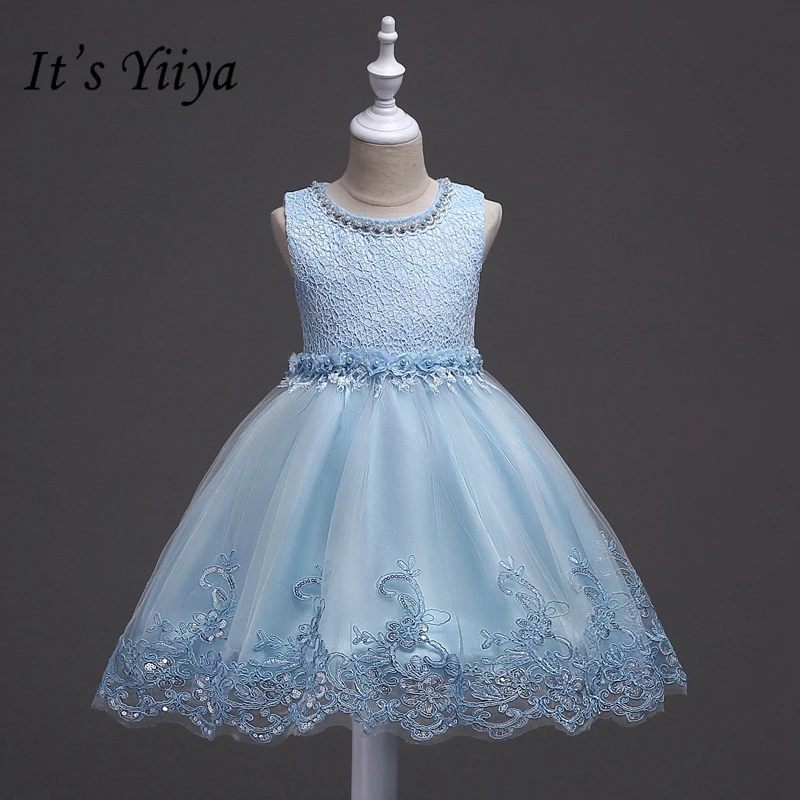It's Yiya/Платья с цветочным узором для девочек модные платья для причастия с аппликацией и бусинами Детские праздничные платья без рукавов с круглым вырезом для девочек 981 - Цвет: blue