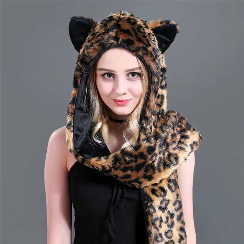 Многофункциональный шарф для женщин, зимняя шапочка с кошачими ушами, шапки с рукавицами, перчатки, Пушистый Плюшевый головной убор #40