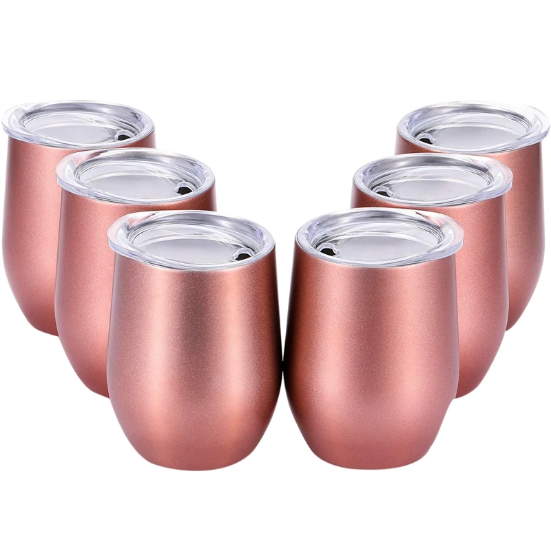 

ABSS-1 Set 6 Pcs 12 Oz Unbreakable Drinkware Stemless Wine Tumbler Stainless Steel Triple-Insulated Vacuum Wine Glass Cup with L