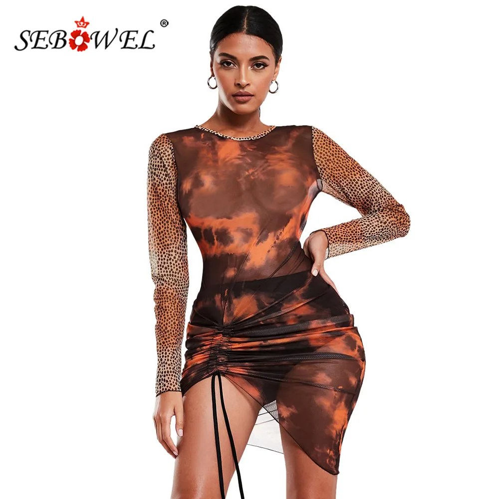 SEBOWEL Women Sexy Mesh Perspective Ladies Dress Spring Long Sleeve Bodycon Leopard Print Curve Tight Dresses Female Autumn S-XL | Женская
