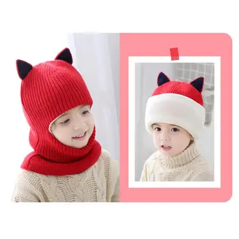 

Kids Winter Warm Cap Girls Boys Bonnet Scarf Hat Children Splicing Color Beanie Knitted Cap Ear Decor Fleece Thickened Headwear