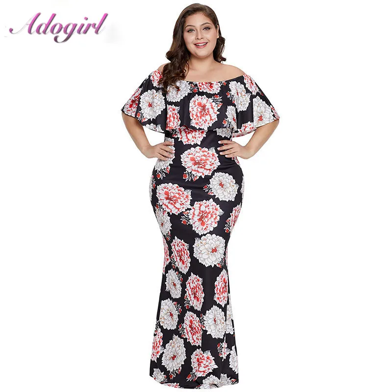 

Plus size S-5XL Casual Floral Print Boho Long Dress Women Summer Sexy Off Shoulder Ruffled Neck Party Club Dresses Lady Vestidos