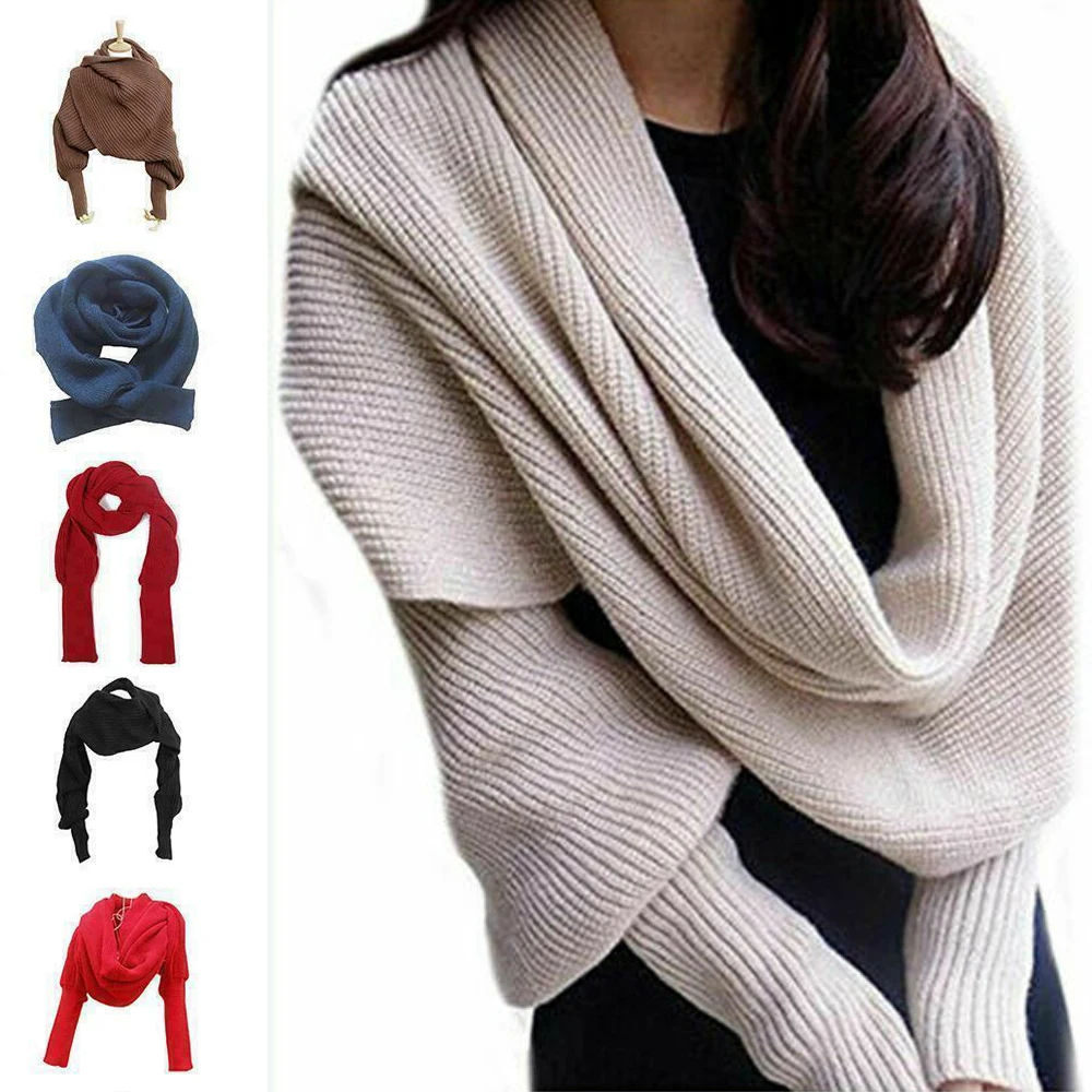 Unisex Winter Women Men Soft Warm Knitted Solid Sweater Scarf With Sleeve Wrap Shawl Scarves 240 x 50cm