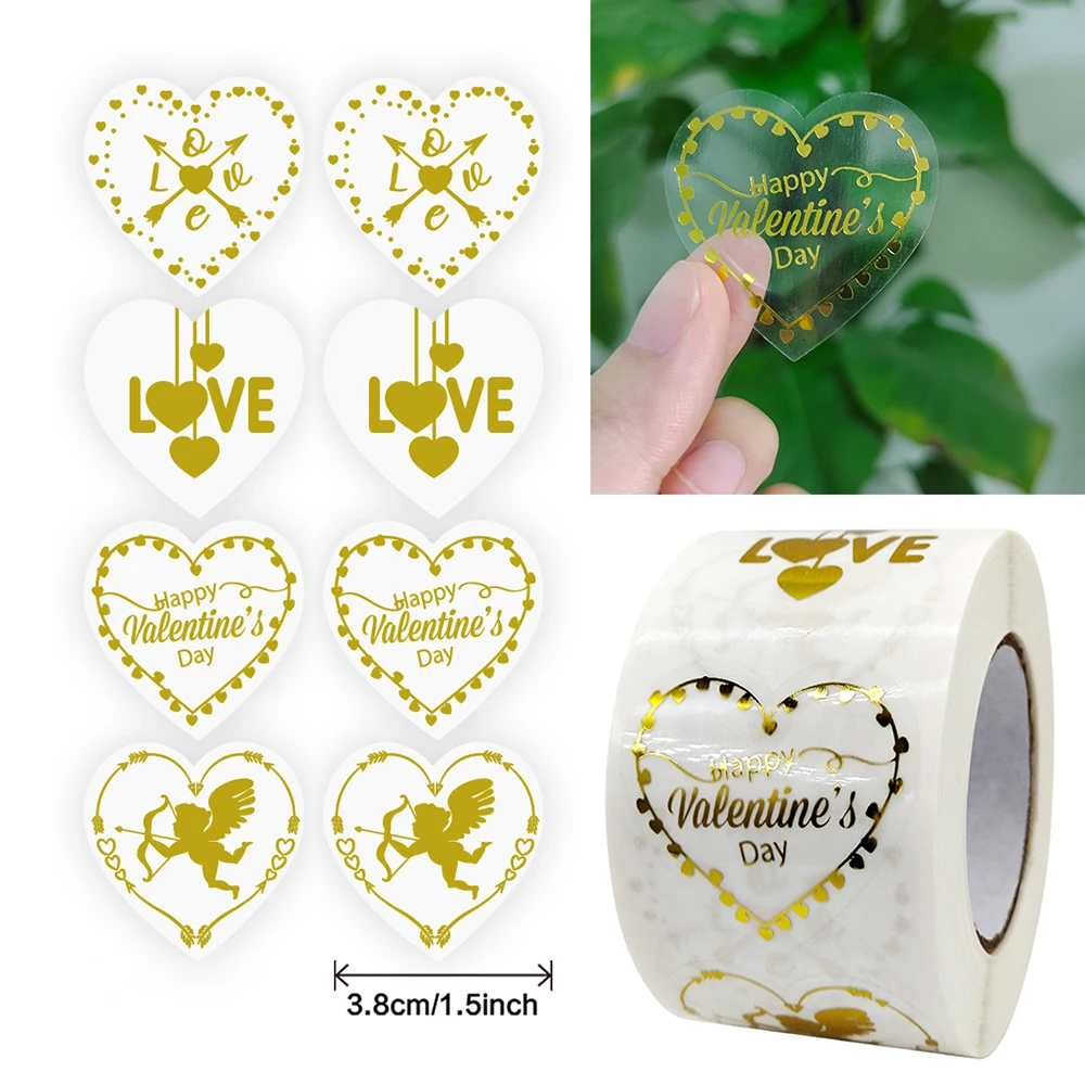 

500pcs 3.8cm Happy Valentine's Day Stickers Transparent Golden Love Heart Label Gift Diary DIY Decoration Sticker