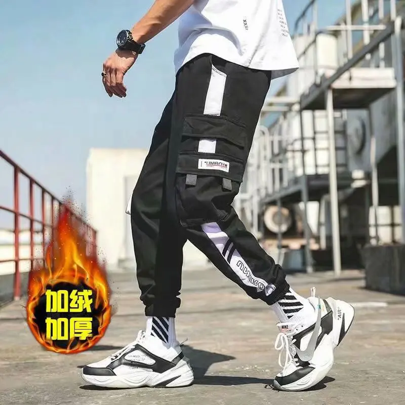 

Men plus Velvet Casual Pants Winter Cargo Beam Leg Trousers INS Popular Brand Students Versatile Cotton Workwear Athletic Pants