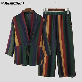 

Men Striped Sets Cotton Long Sleeve V Neck Lace Up Shirt Outerwear Wide Leg Pants 2020 Vintage Men Suit Streetwear S-5XL INCERUN