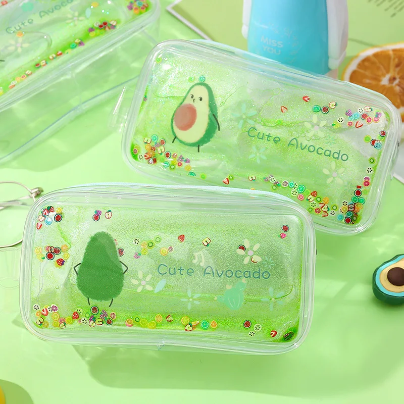 

L0024 Cute Avocado Transparent Quicksand Pencil Case Cartoon Peach Large-Volume Pencil Case in Portable Makeup Bag