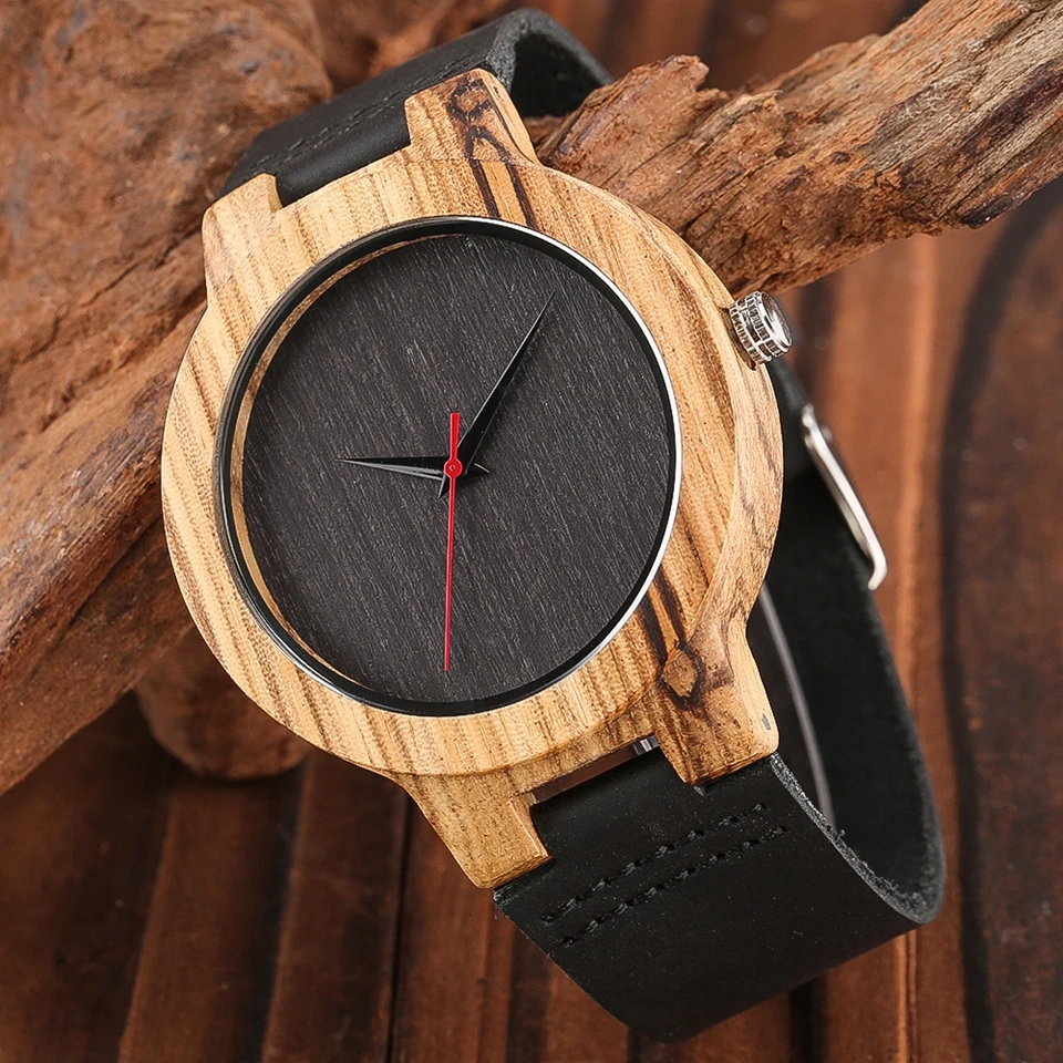 Black Leather Men Wood Watch Engraved Text Boyfriend Birthday Anniversary Quartz Wristwatch Casual Male Wooden Timepiece Gifts