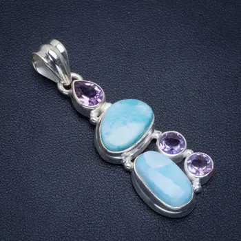 

Natural Caribbean Larimar And Amethyst Handmade Unique 925 Sterling Silver Pendant 1.75" B3119