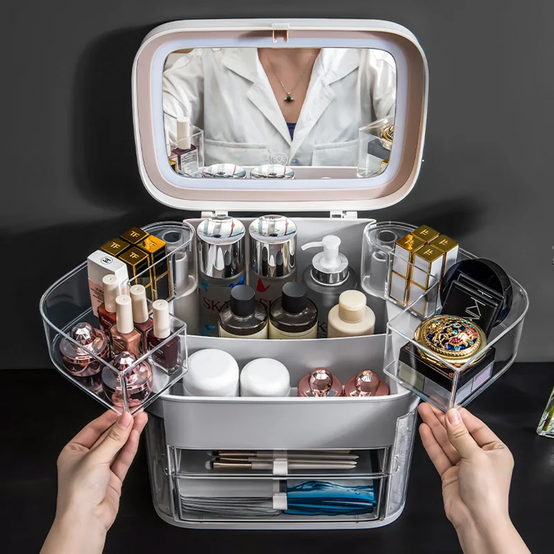 

LED Light USB Cosmetic Storage Box Acrylic Desktop Storage Portable Creative Japanese Decorative Cosmetic Storage Box HD Mirror
