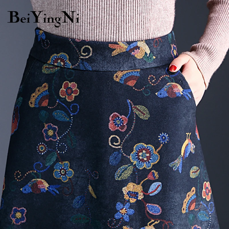 Beiyingni High Waist Skirt Women Plus Size Retro Korean Floral Print Midi Skirts New Arrival S-3XL Elegant Saias Autumn Winter