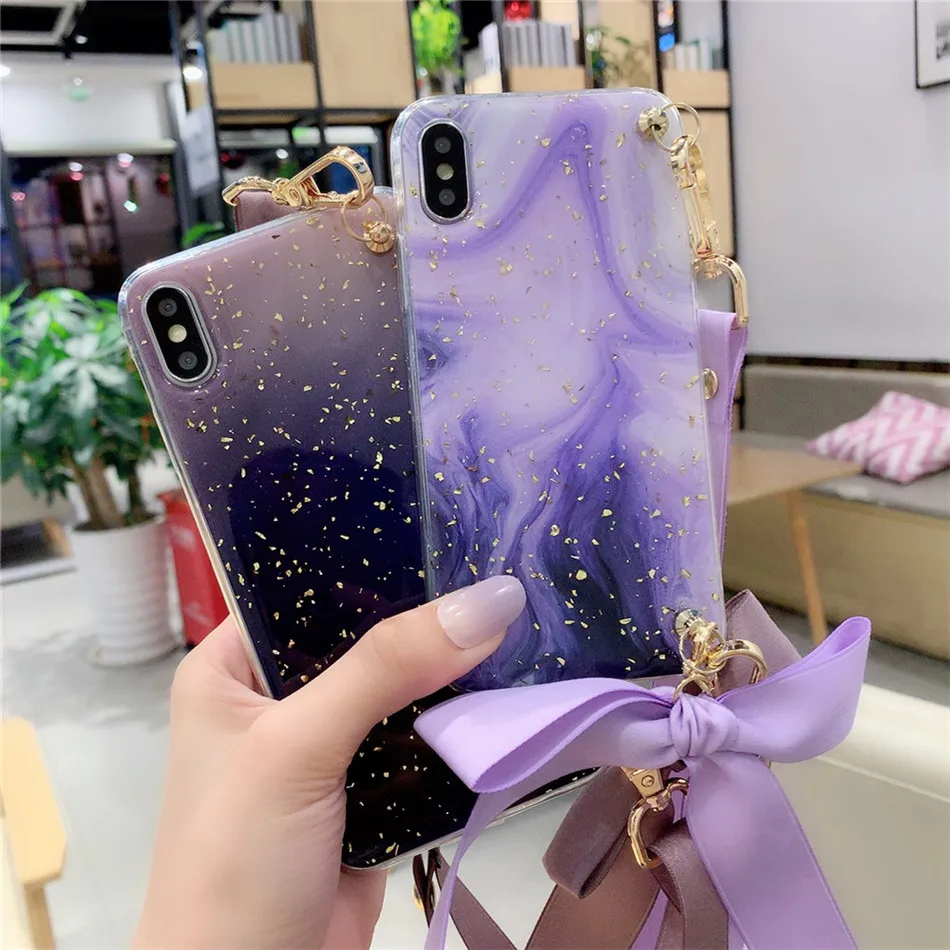 USLION блестящая мраморная пудра силиконовый чехол для iPhone X XR XS Max, мягкий чехол для телефона iPhone 8 6 7 Plus, ремешок с бантом