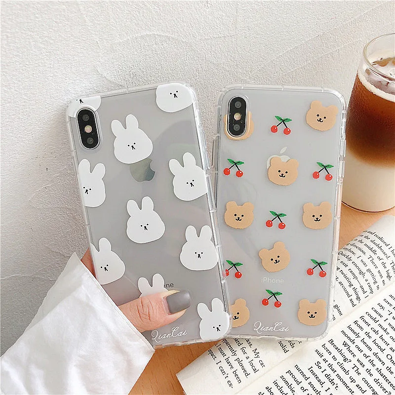 

Bear rabbit for iphone 11 case 7 8 x xr xs max cute Korea bears cherry anti-fall tpu cover soft for iphone 11 pro 6 6s 8 7 plus