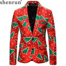 Shenrun мужские блейзеры Рождество год куртка Санты Красный Модный приталенный костюм пиджаки вечерние костюмы на выпускной с принтом елки
