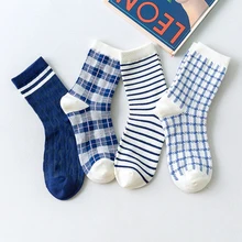Хлопковые носки в Корейском стиле; женские милые синие носки в клетку; теплые длинные носки для девочек; Femme; уличная одежда; Calcetines Meias; сезон осень