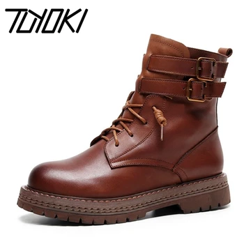 

Tuyoki Real Leather Women Ankle Boots Zipper Metal Buckle Flats Shoes Round Toe Warm Boots Women Party Footwear Size 35-40
