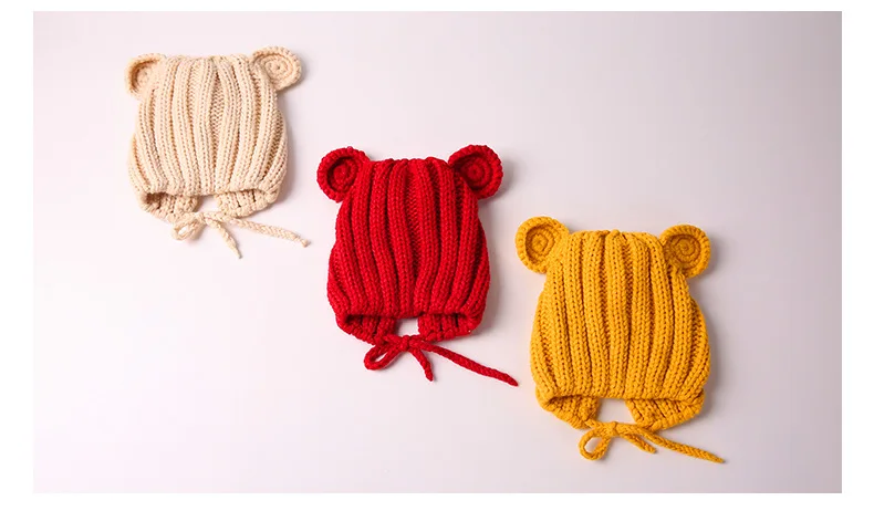 Милые вязаные шапки с медвежьими ушками для мальчиков и девочек Корейский стиль Зимние теплые шерстяные шляпы из пряжи От 0 до 3 лет