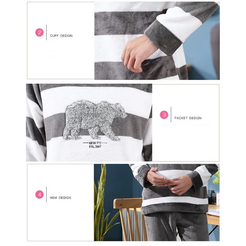 Christmas Pijamas Men Winter Thick Warm Flannel Mens Pajama Set Long Sleeve Coral Velvet Sleepwear Suit Loungewear Home Clothes