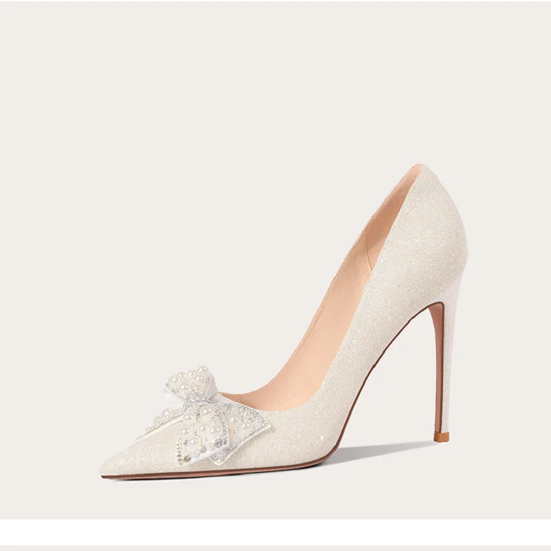 Spring white pointed pearl bow stiletto high heel bridal wedding shoes banquet dress large size small all-match womens shoe | Обувь