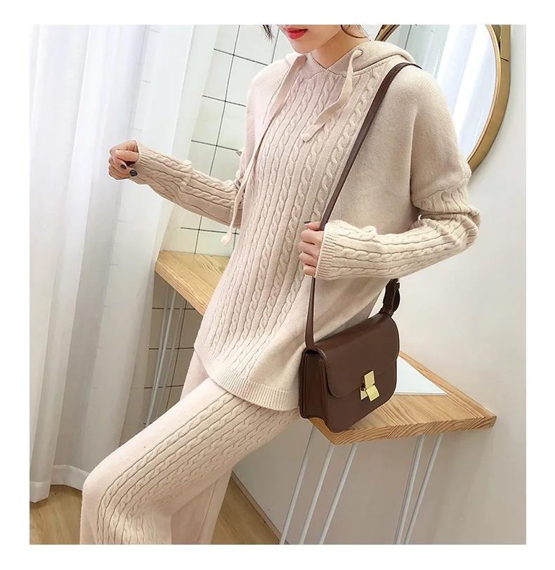 Autumn Winter Women Wool Knitted suit soft warm Suit Female wide legs pullover sweater& pant 2 piece set