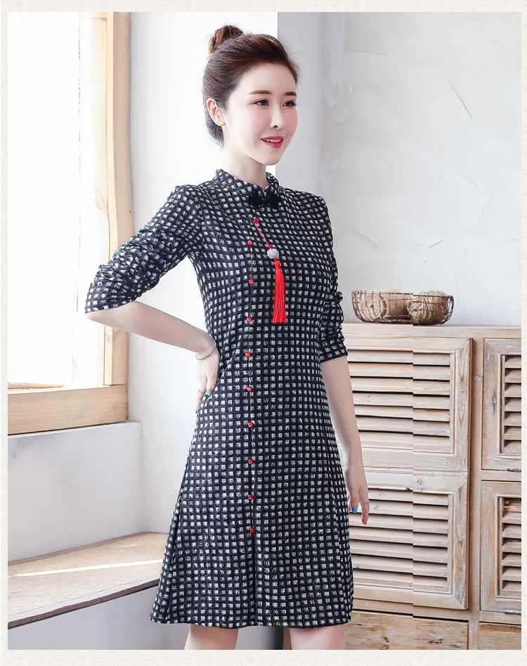 Клетчатые винтажные Ретро Qipao вечерние платья в китайском традиционном стиле Cheongsam Qipao высококачественное кружевное платье с вышивкой зимнее платье с длинными рукавами