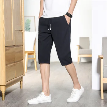 

OLOME Summer Mens Solid Color Linen Casual Shorts Men Elastic Waist Loose Cropped Pants Streetwear Calf-length Pants for Man