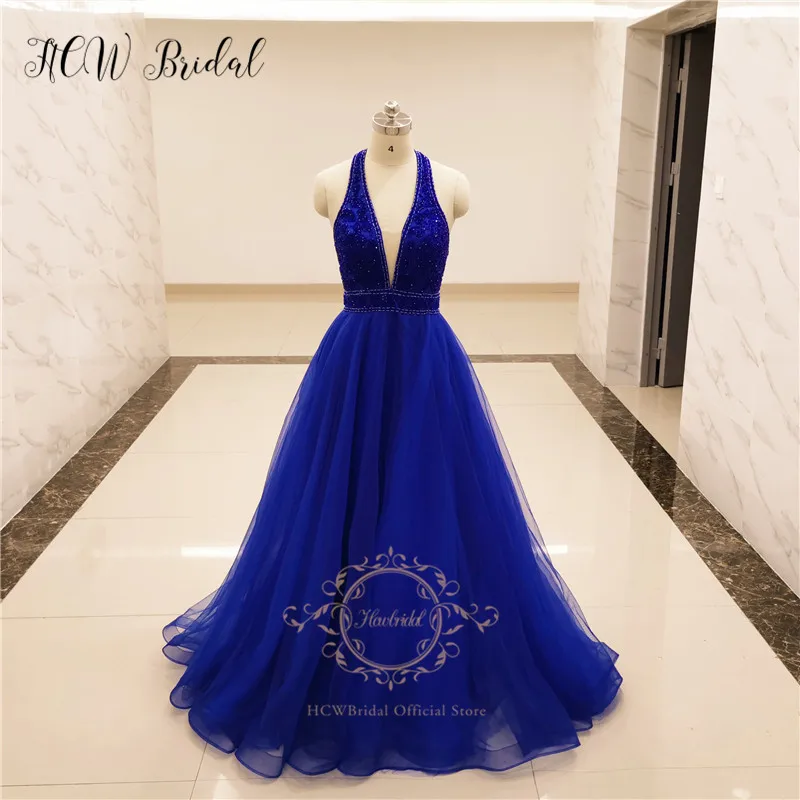 

Exquisite Royal Blue Diamond Evening Dress 2019 Real Photos V Neck Backless A Line High Quality Long Formal Dresses Customize
