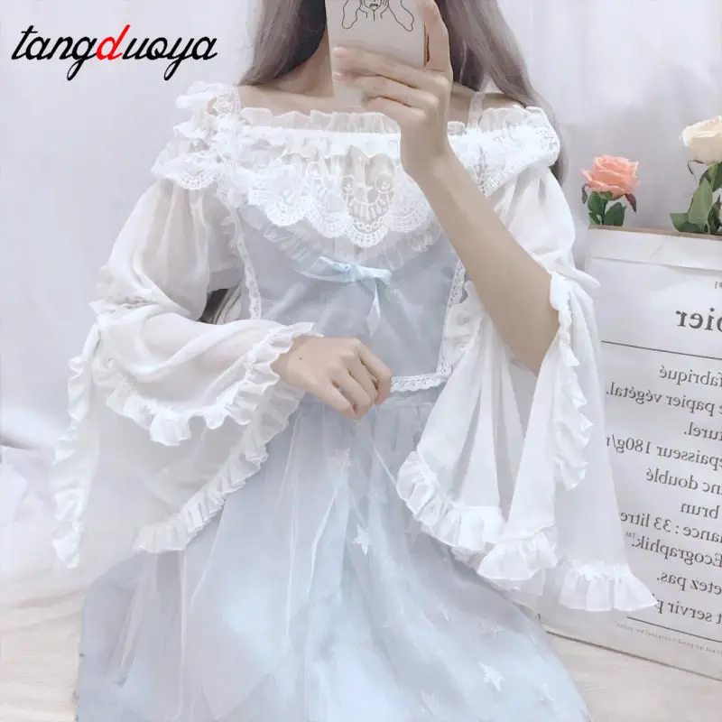 

Ladies Sweet Lolita Lace Neverland Chiffon Loose Layered Crop Tops Victoria Costume Long Bell Sleeves For Women 2019 new