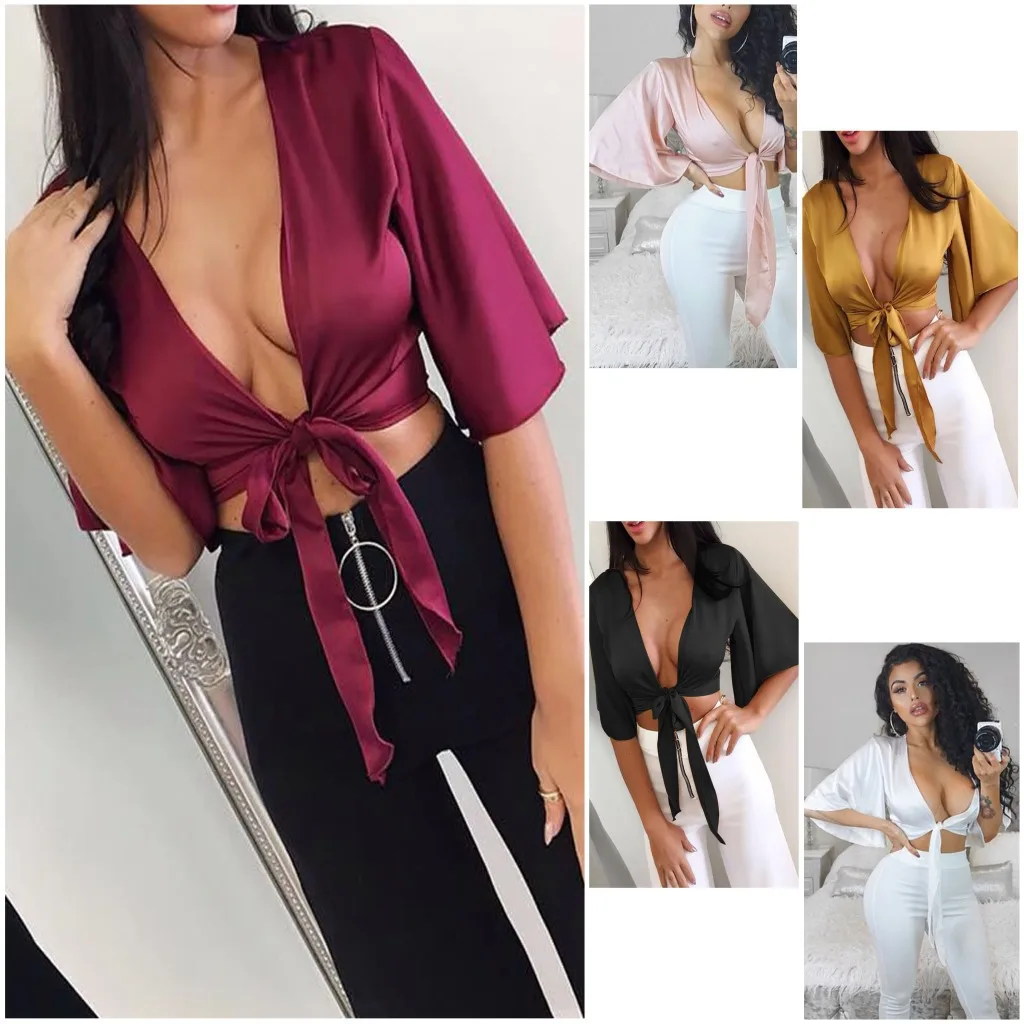 Женский Галстук с узлом спереди расклешенный рукав глубокий v образный вырез