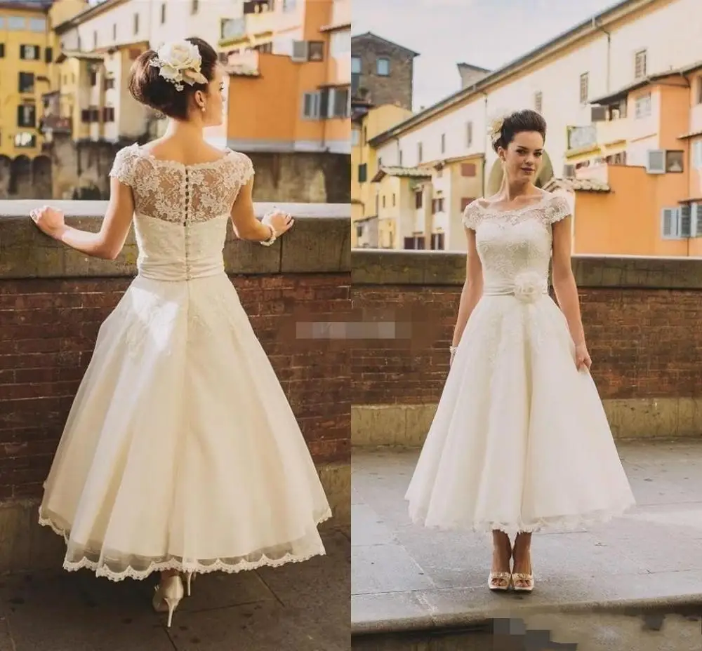 ^*Best Offers 2020 50s Stijl Retro Vintage Trouwjurken Illusion Hals Kapmouwtjes Kant Kralen Knoppen Thee Lengte Sash Bridal Dress ^*Best Offers 2020 50s Stijl Retro Vintage Trouwjurken Illusion Hals Kapmouwtjes Kant Kralen Knoppen Thee Lengte Sash Bridal Dress