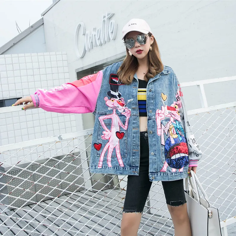 

Women Contrast Color Blocked Long Sleeve Cardigan Plus Size Loose Cartoon Sequins Denim Coat Turn Down Collar Bomber Jacket