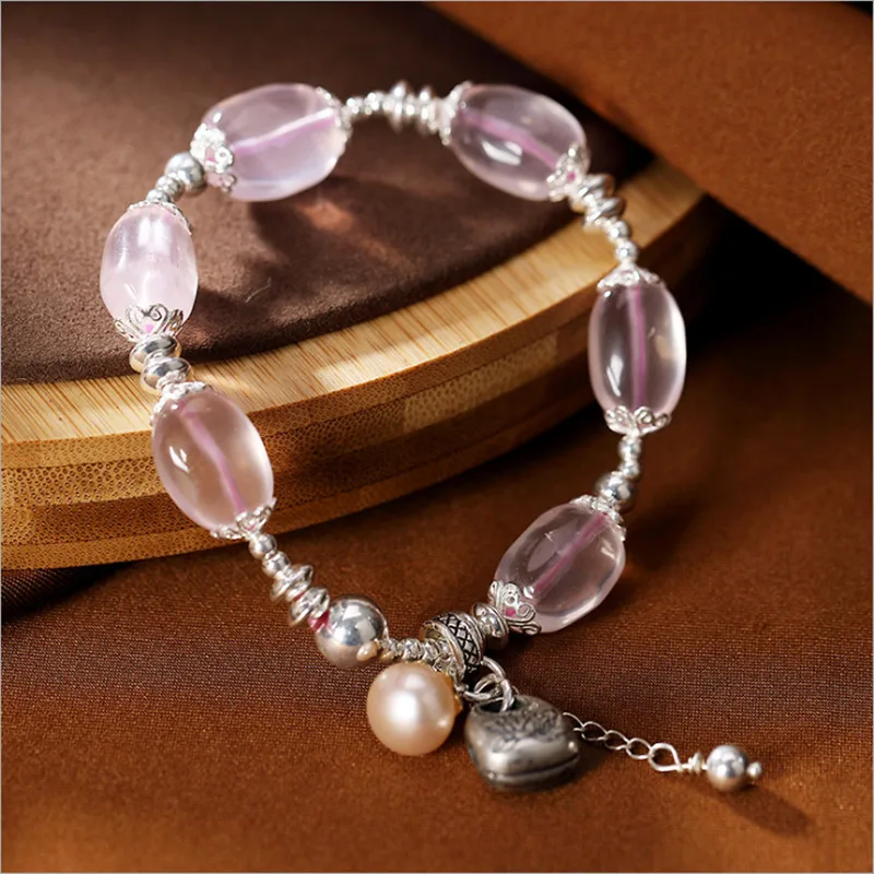 Uglyless Transparent Pink Crystals Beading Bracelets for Women Elastic Rope Bracelets Real 925 Silver Lotus Charms Bangles BR341