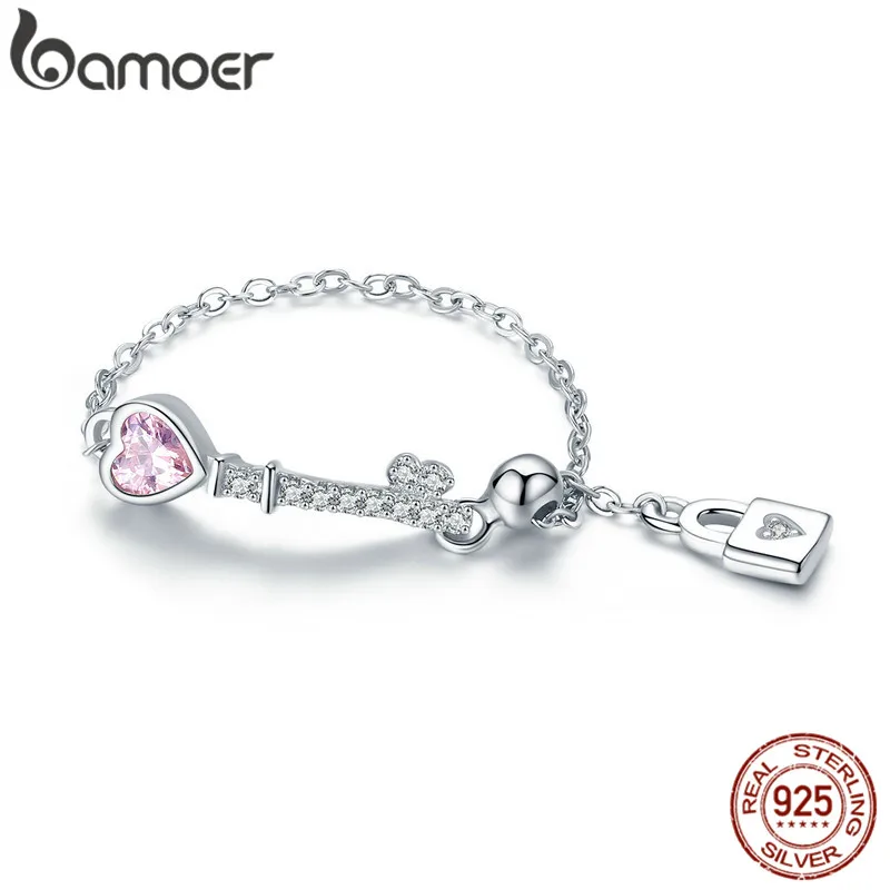 

BAMOER Love Key and Lock Chain Rings for Lover Anchor and Rudder Heart Ring Band 925 Sterling Silver Fine Jewelry GXR425