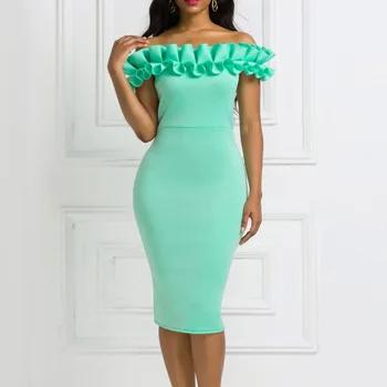 

Summer Women Cocktail Party Dress Sexy Backless Ruffles Off Shoulder Elegant Midi Dresses African Bodycon Green Sundress
