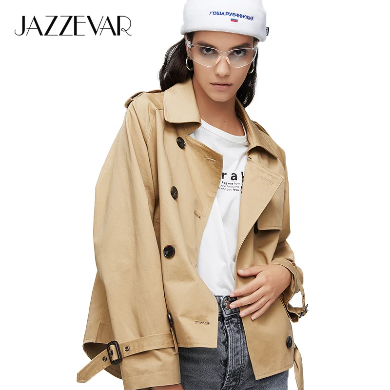 JAZZEVAR 2021 Новое поступление осенний плащ-Тренч Женская мода двубортное хлопковое