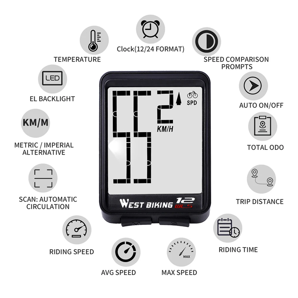 

Wireless Bicycles Computer Large Digital Bike Computer Odometer Speedometer Bike Waterproof Speed Distance with LCD Backlight