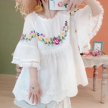 

Original Design AIGYPTOS Spring Summer Women White Cotton Shirts Mori Girl Sweet Elegant Flower Embroidery Casual Loose Shirts