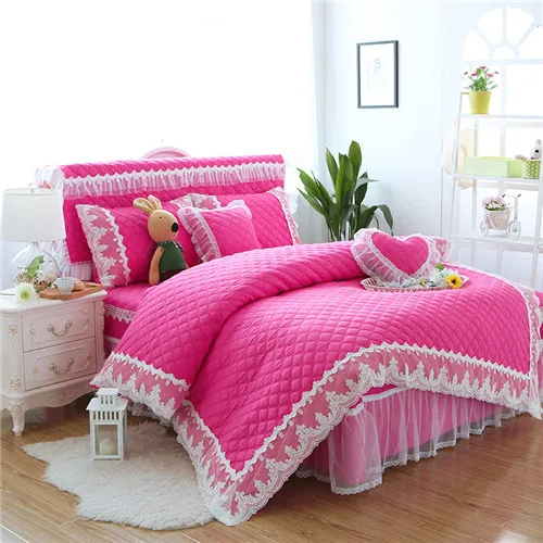 rosered bedding Комплект постельного белья принцессы, уплотненный стеганый пододеяльник, корейский стиль, Комплект постельного белья, хлопок, свежесть, Комплект постельного белья, кровать, юбка - Цвет: rosered bedding