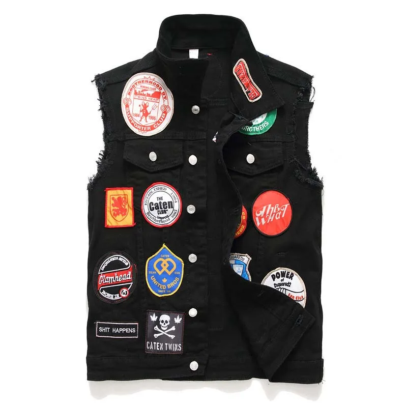 Men High Street Denim Vest Fashion Badge Patchwork Waistcoats For Male Sleeves Jeans Jackets Streetwear (5)
