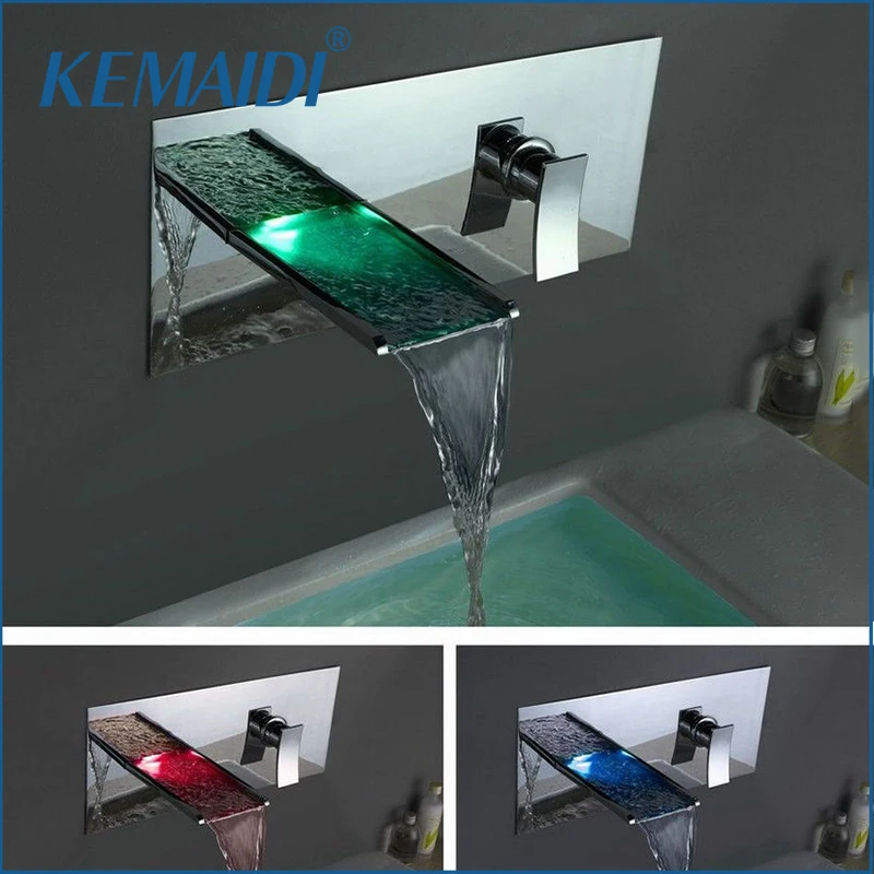 KEMAIDI  Bathtub LED Faucet LED Waterfall Faucets,Mixers & Taps Water Power LED Mixer Bath Faucets Wall Mounted Set 3 Holes