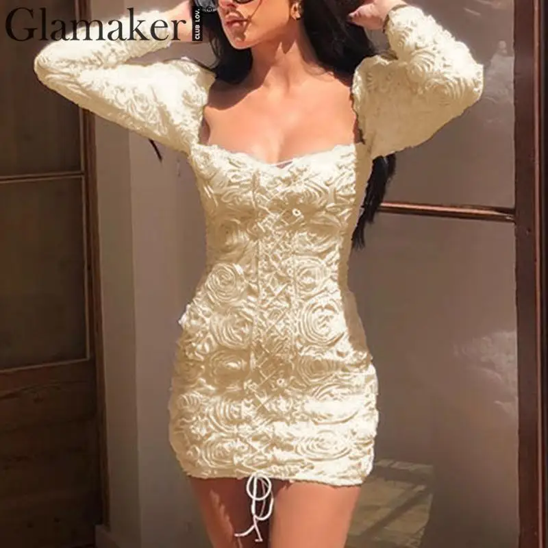 

Glamaker Puff sleeve square collar white dress women Knitted bandage floral mini dress bodycon Sexy autumn winter dinner dress