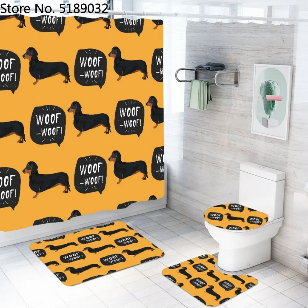 Cute Dog Paw Print Bathroom Antiskid Pad Non-Slip Bath Carpet Floor Mat Rug 3 Sets Floor Mat+U-Shaped Pad+One O-Shaped Cover Washable Mats for Home Shower 