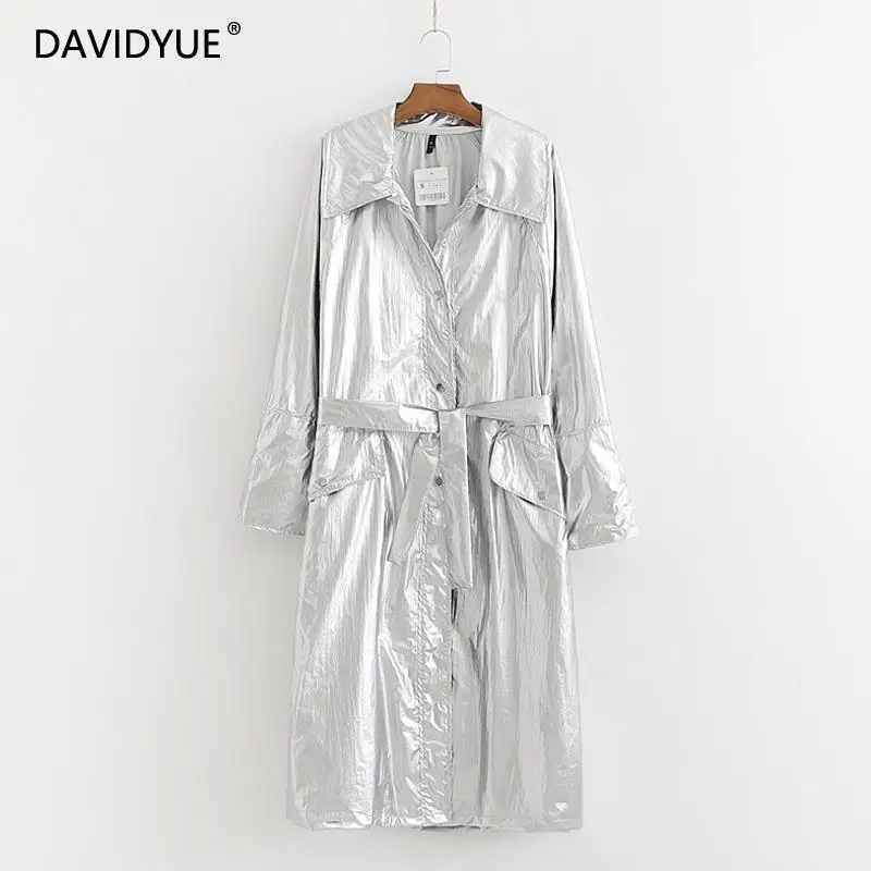

Fall 2019 long trench coat women overcoat vintage korean style women silver coat with sashes fashion turn down collar jacket
