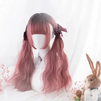 

CosplayMix Lolita Anime Cosplay Wig 50CM Long Black Mixed Pink Ombre Lady Natural Wavy Party Synthetic Heat Resistant Hair+Cap